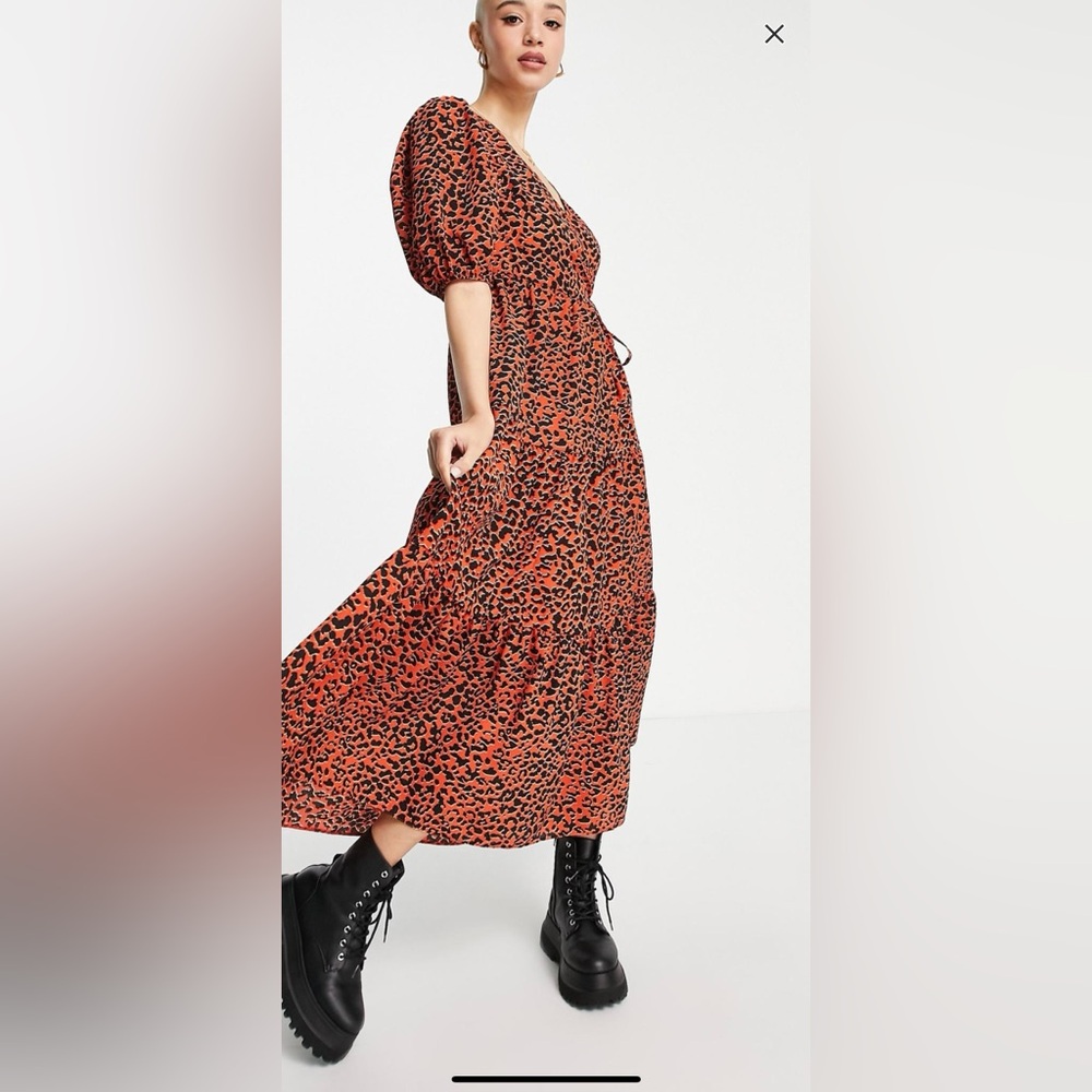 ASOS wrap front tiered smock midi dress in red animal print - Picture 4 of 7